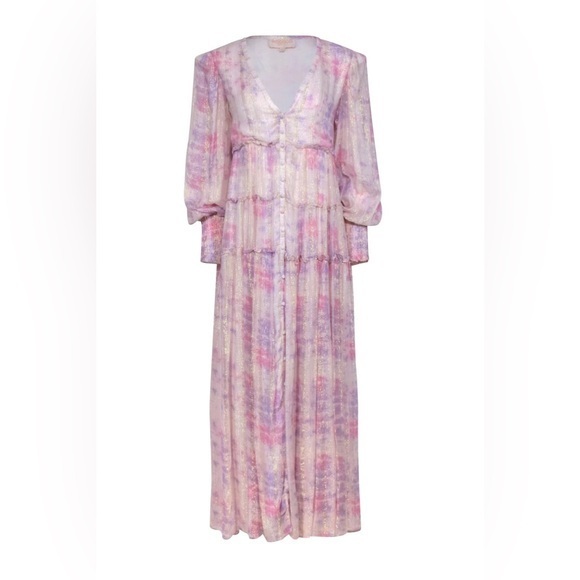 Rococo Sand Emi Metallic Shimmer Purple and Pink Long Sleeve Maxi Dress - Picture 2 of 15